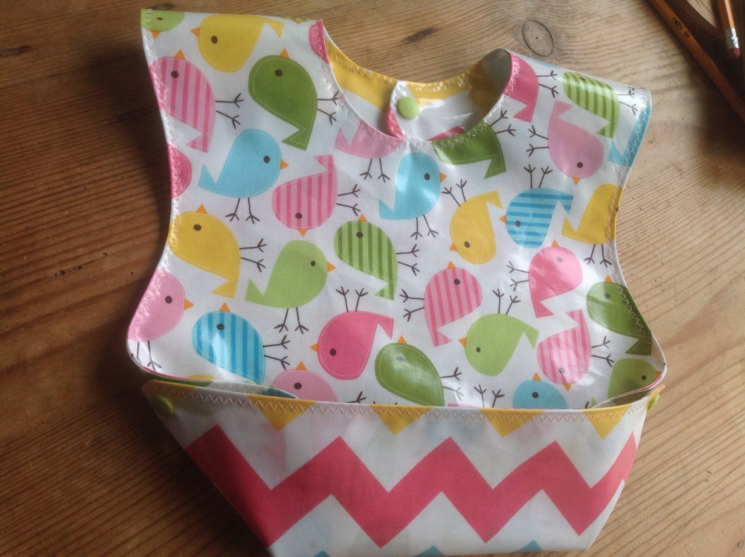 Reversible Laminated Snappy Pocket Bib with Urban Chicks Zoologie by Kaufman Paired with Riley Blake Girl Chevron BPA Free Wipeable