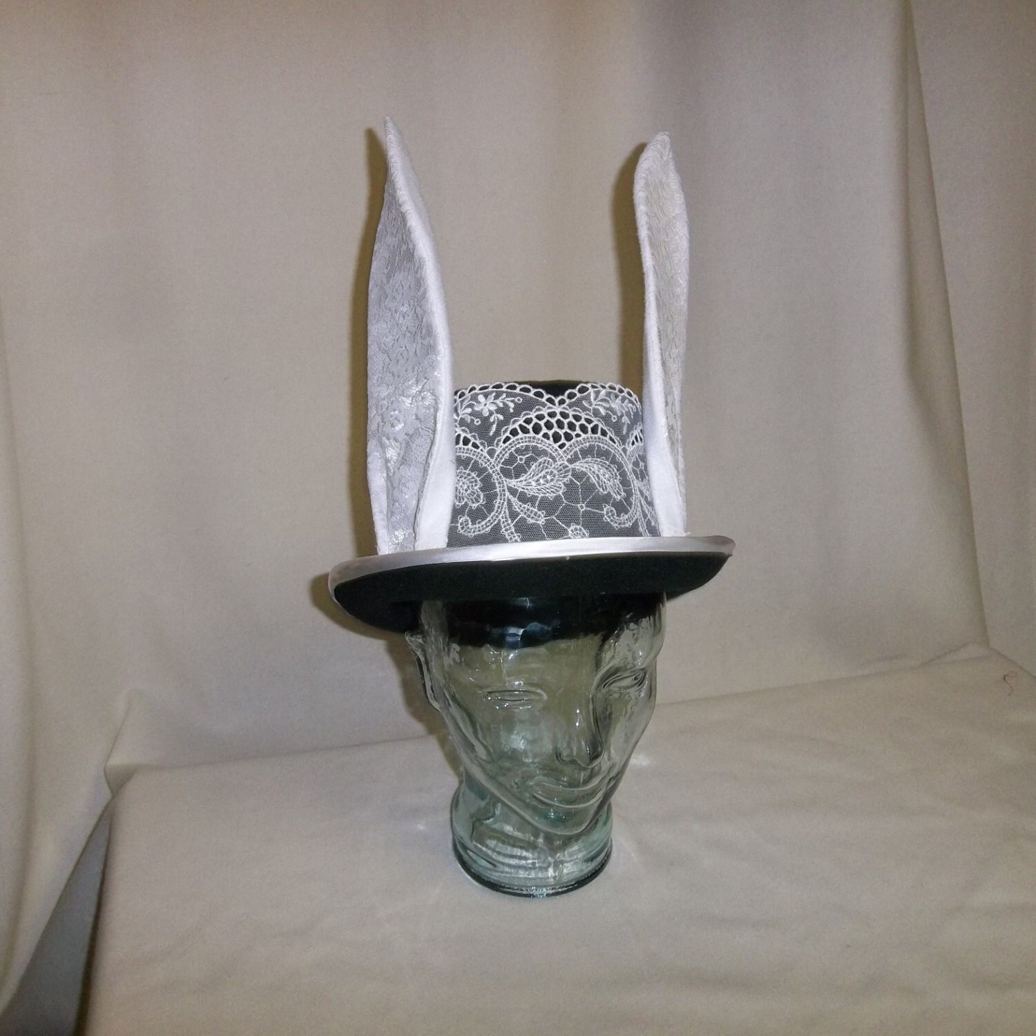 black top hat with ears and white lace black top hat with ears and white lace