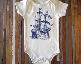 Organic Cotton Onesie - Screen Printed American Apparel Baby Onesie - Vintage Pirate Ship - Eco Friendly - Nautical (You pick size)