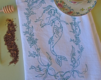 Tea Towel - Screen Printed Flour Sack Towel - Eco Friendly Dish Towel - Whimsical - Mermaid - Nautical - Seaweed - Natural Cotton Towel