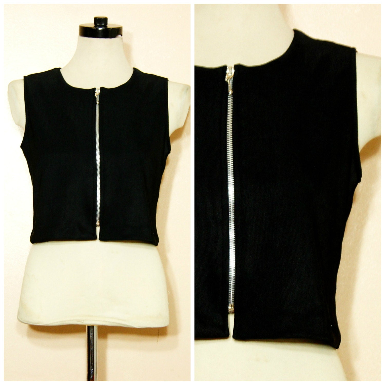 90s Black Zipper Tank Top Goth Medium Crop Top by WhiteWaveVintage