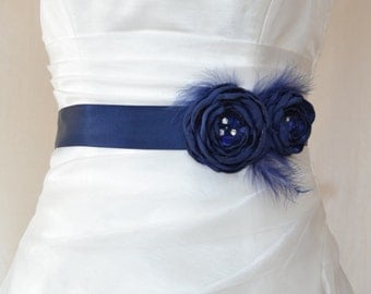 Handcraft Navy Blue Two Flowers With Feathers Wedding Bridal Sash Belt