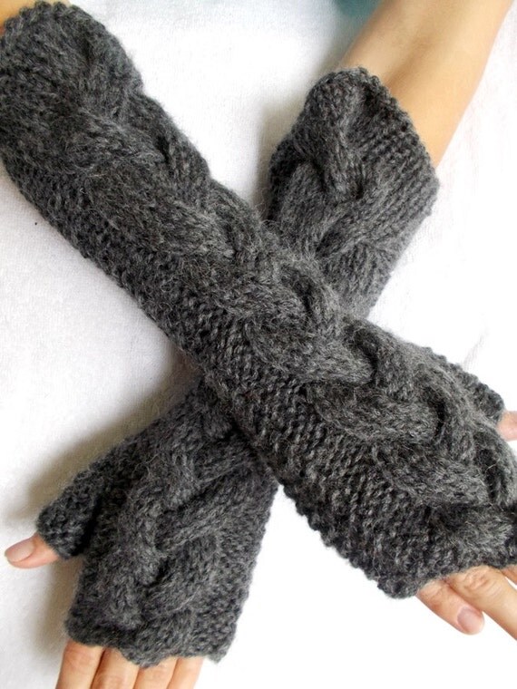 Grey Fingerless Gloves Angora Mohair Mittens Cabled Hand