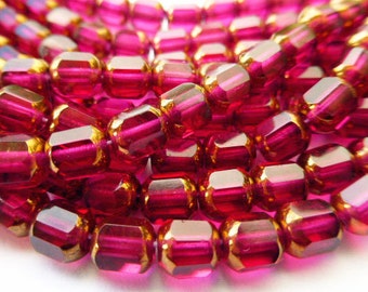 25 Fire Polish Fuchsia Beads with Gold End Caps 6mm Size