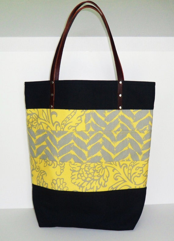 Large Tote in Yellow and Gray Dark Blue Denim Trim Leather