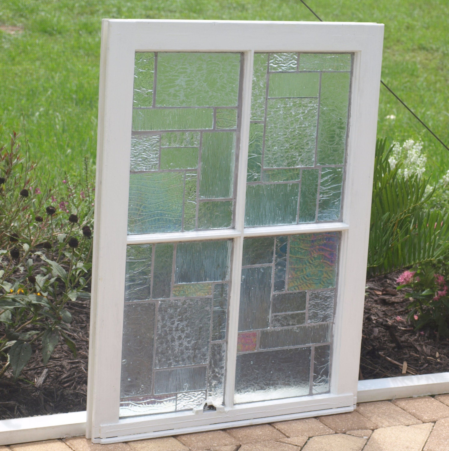 Clear Textured Stained Glass Mosaic Vintage Repurpose Wooden