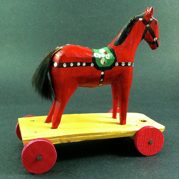 Vintage Polish Carved Wooden Red Horse Pull Toy with Green