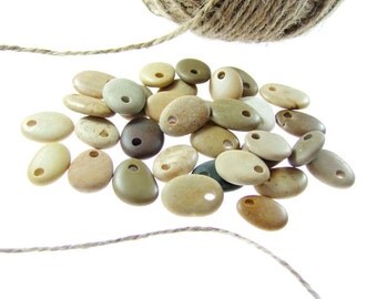 Top Drilled Beach Stones, 33 beads, Bulk Beach Stones, Organic Beads, Jewelry Supplies Sea Rocks ,Beach Pebbles Drilled