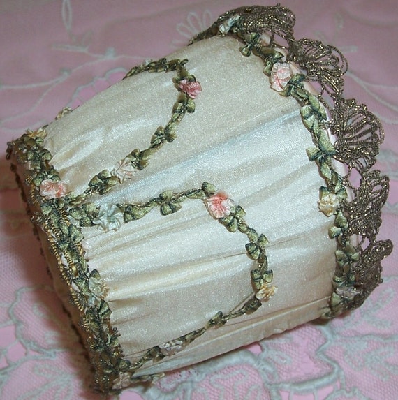 ANTIQUE, French SILK, Metallic Lace & Ribbon Rosette Trim Lamp Shade