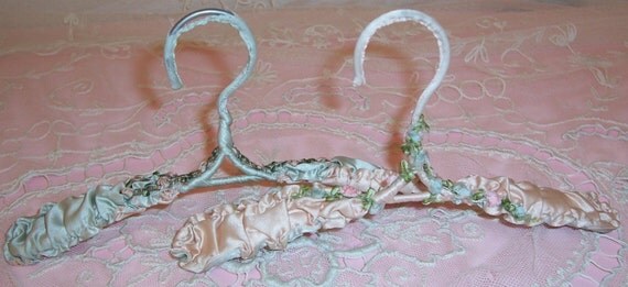 pair ANTIQUE Silk Baby, Doll Clothes Hanger w/ French RIBBON Roses Trim