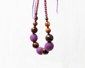Purple Necklace Felted Ball Necklace Boho Wood Necklace