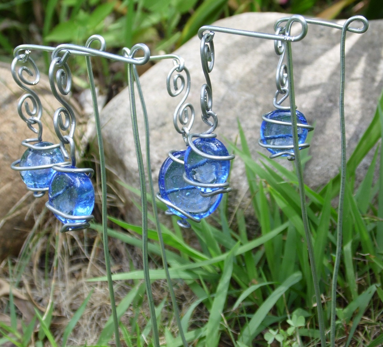 Wire Wrap Plant Stakes Garden Art Whimsy Fairy Garden Blue