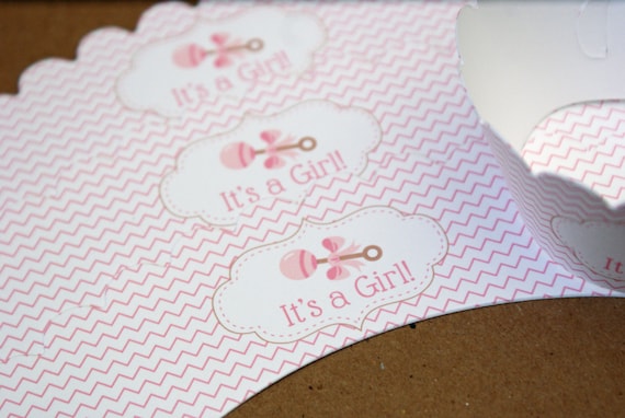 12 It's a Girl Pink Stripes or Chevron with Rattle Baby Shower Scallop Cupcake Wrappers Il_570xn