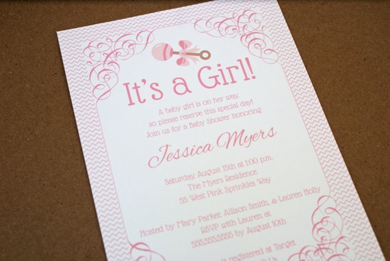 It's a Girl Pink Chevron with Rattle Baby Shower Invitation - Printed or Digital Version Available Il_570xn