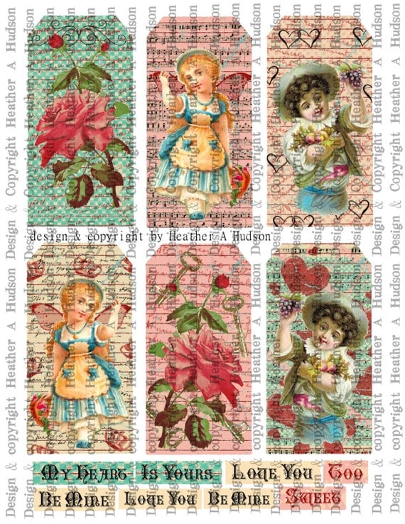 Pink Roses Victorian Boys Girls VintageValentine's Day Valentinel tags Ornament  Digital Collage sheet Printable