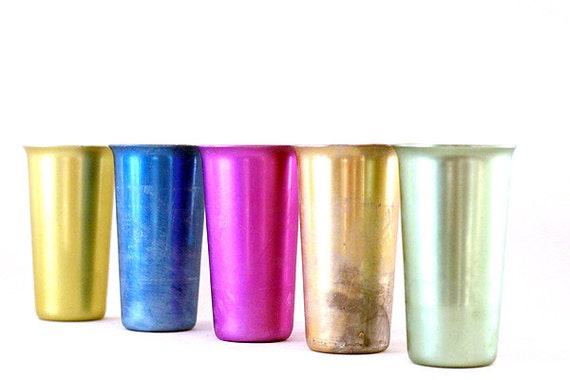 cups Green, Yellow, Aluminum  Purple, aluminum   vintage  Vintage  Cups, HOLD Gold Annodized