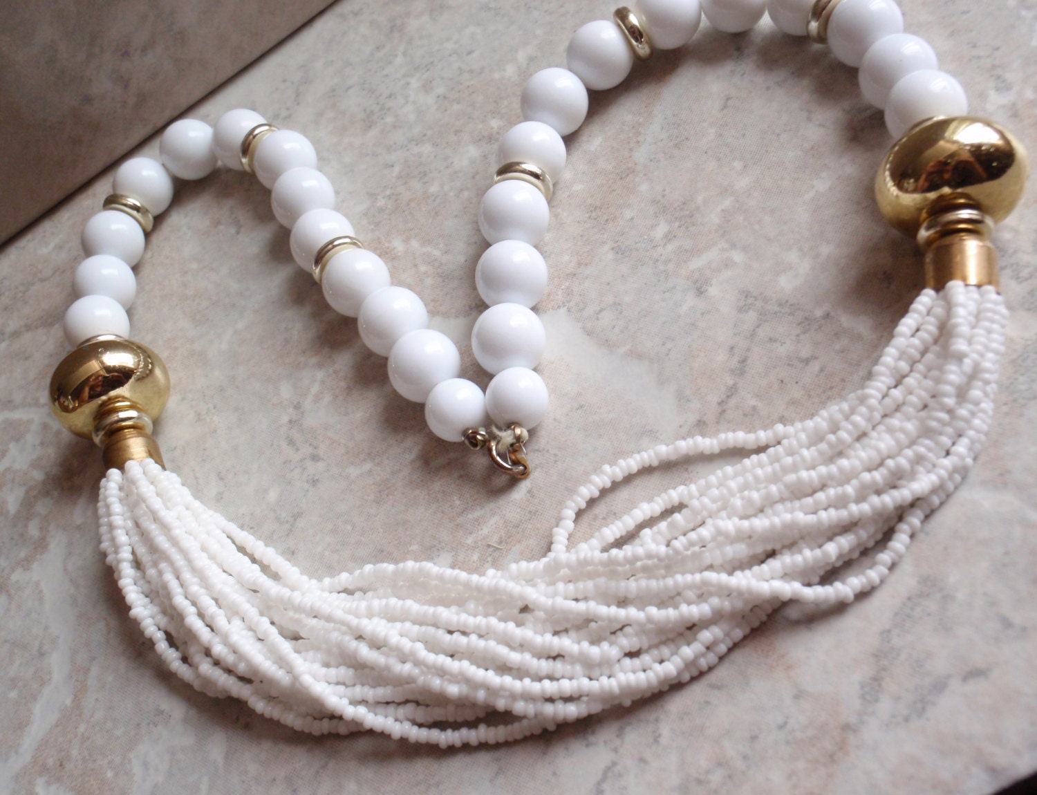 White Beaded Necklace Vintage Estate
