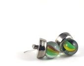 Upcycled Earrings Marble and Retro Button Silver Green Red Yellow Sci-Fi Inspired Jewellery