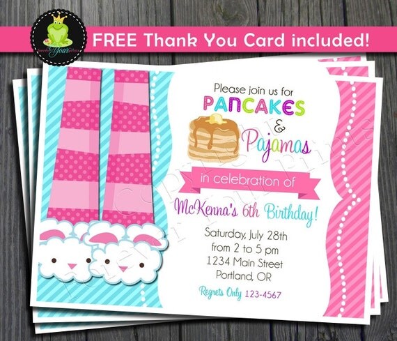 Pancakes and Pajamas Birthday Invitation - FREE Thank You Card included Il_570xn