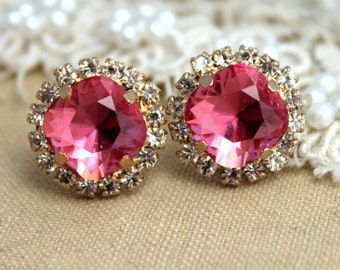 Pink Rose Crystal stud Petite vintage earring - 14k 1 micron Thick plated gold post earrings real swarovski rhinestones .