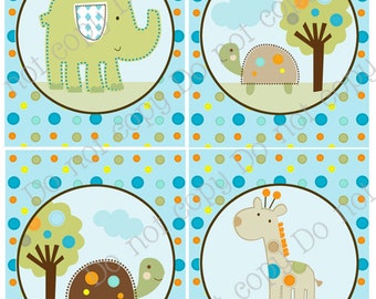 Set of 4 Unframed "Giggle Gang Animals/Elephant/Giraffe/Turtles" 8x10 inch Linen Look Nursery Wall Art Prints Baby Children Kids Decor