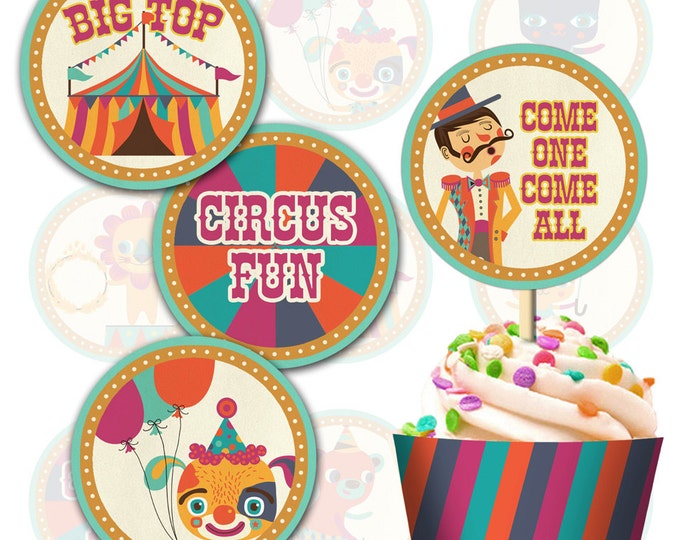 Vintage Circus Cupcake topper and wrap - Print your own