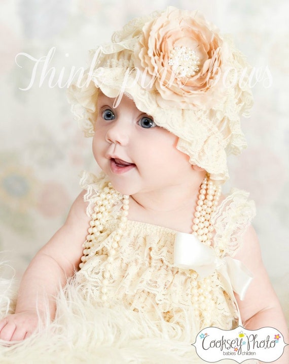 Cream Lace hat bonnet, newborn infant baby girl lace hat bonnet, baby bonnet, baptism christening lace hat M2M lace romper in our shop. by ThinkPinkBows