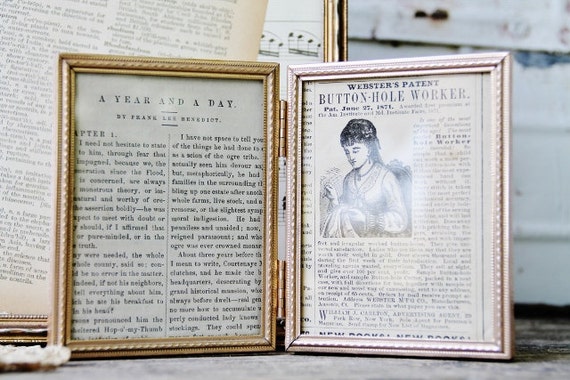 Repurposed Book Pages Antique Advertisements in Gold Vintage Frames via Knick of Time