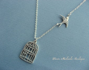 Graduation Necklace, Be Free Bird Necklace, Cage pendant, Bird Pendant Necklace, Silver Bird Cage Necklace, Silver Jewelry