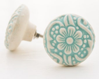 Cottage Chic Light Aqua And Cream -Daisy Design Flower Ceramic Drawer Knob Pulls-Dresser Hardware-Spring Home Decor-Natural Pale-Furniture