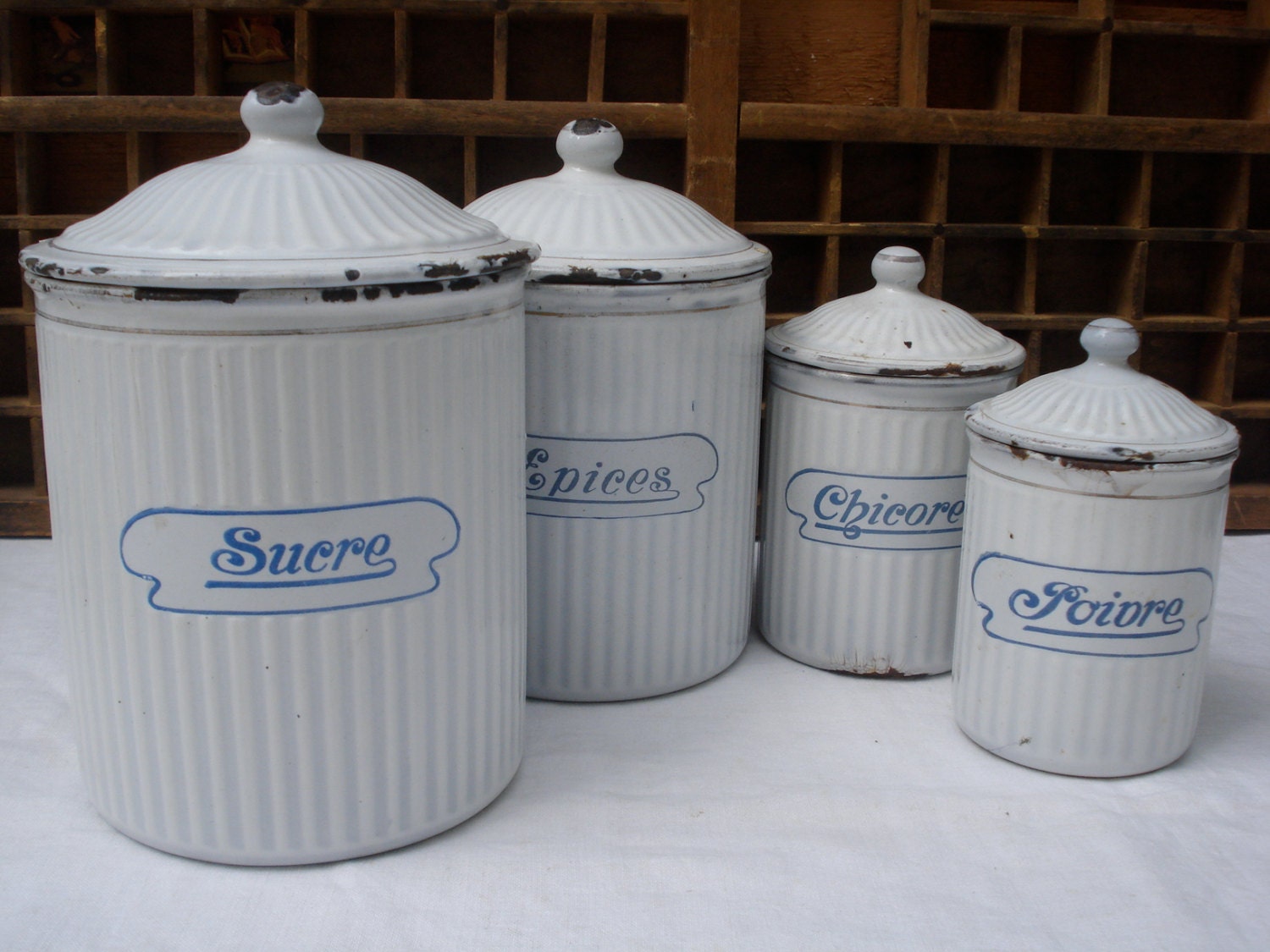 Vintage french WHITE & blue ENAMEL canisters by sissidavril