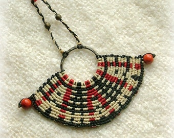 Fashion jewelry macrame necklace in black, white and red , beaded.