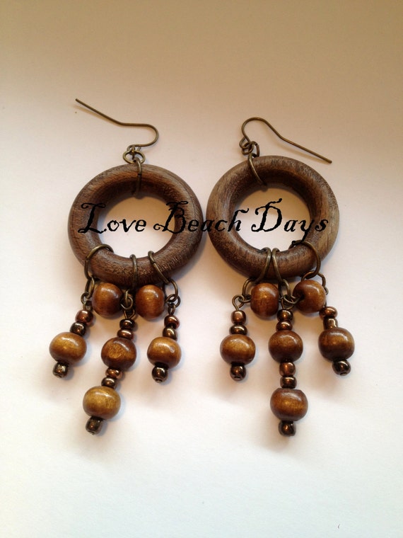 Dangle Earrings: Wood Beaded One Of A Kind Natural Dangle