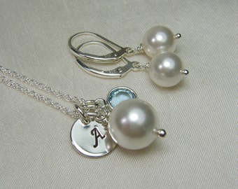 Bridesmaid Jewelry Set of 5 Personalized Bridesmaid Gift Pearl Bridesmaid Necklace Earrings Set Bridesmaid Initial Necklace Wedding Jewelry