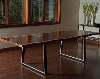 Live Edge Redwood (softwood) Dining Table or Large Desk, Steel Trapezoid Legs, Custom, 'Incline' Project