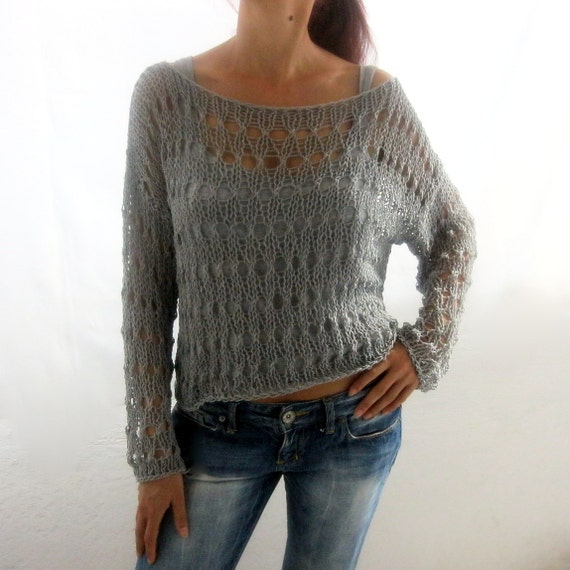 Cotton Summer Sweater in gray color hand knitted