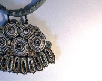Statement necklace, textile necklace beige grey, fiber pendant - handmade fabric jewelry OOAK ready to ship