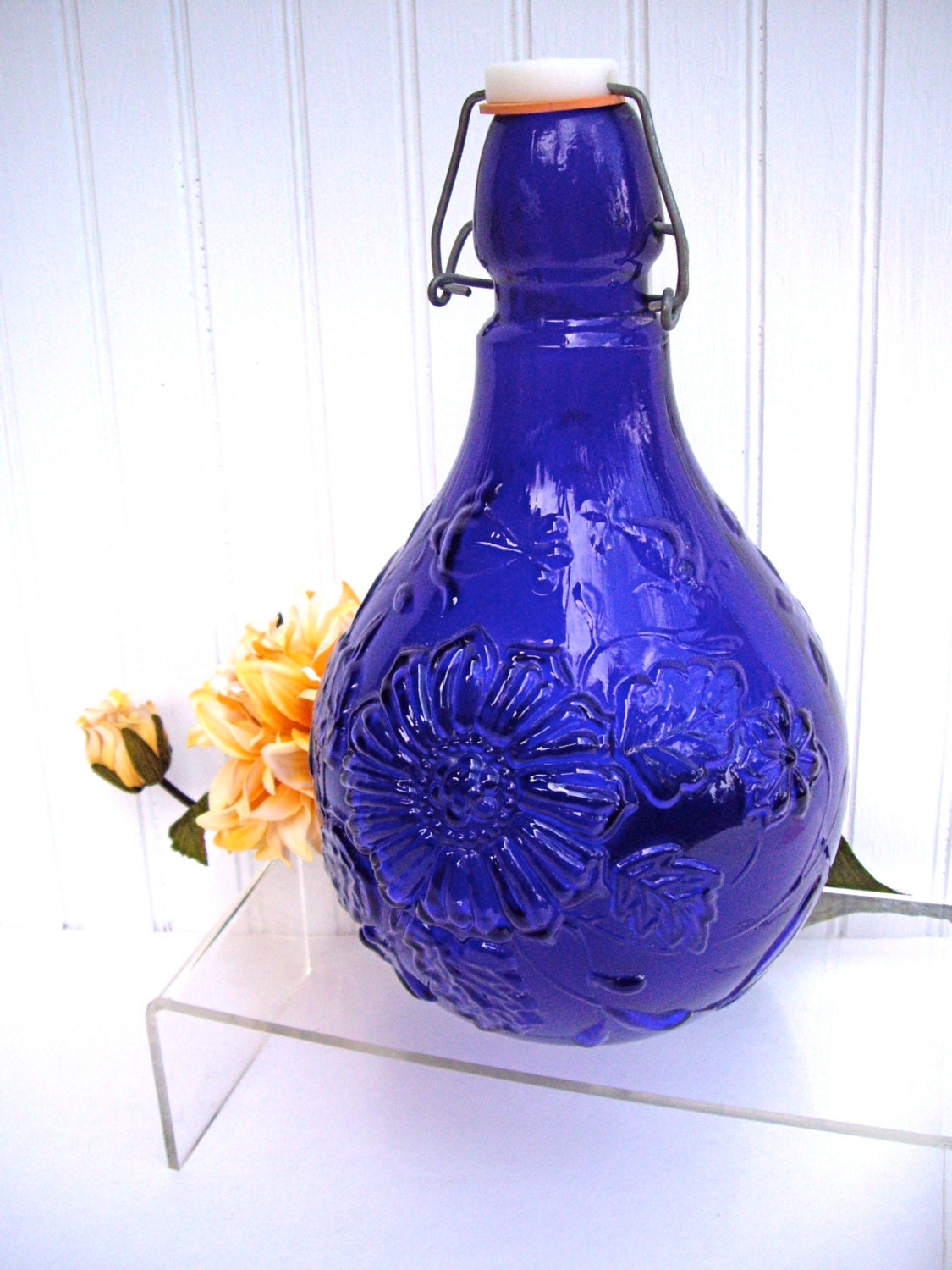 Vintage Daisy Embossed Cobalt Blue Wine Bottle By Jpcountrymarket 6150