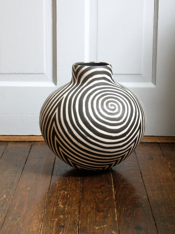 Raku Vase Black and White Swirl Pattern Design Wheel Thrown
