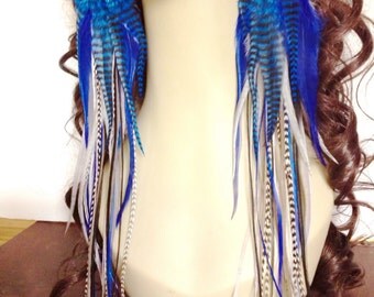 Super Long Feather Earrings Blue Grizzly Statement Dangle Earrings, XL Blue Feather Earings, Very Long Feather Jewelry