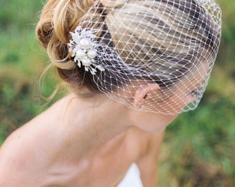Veil and comb, bridal Birdcage veil with rhinestone comb- JOLEE (free shipping in usa), ivory birdcage veil, wedding veils