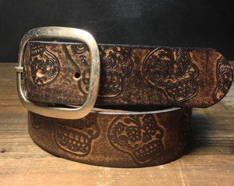 Leather belt - Sugar Skulls Vintage Aged Leather Belt Handmade in USA