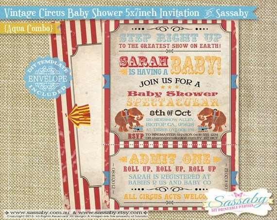 Vintage Circus Baby Shower Invitation - Aqua Combo - DIY PRINTABLE FILE by Sassaby Il_570xn