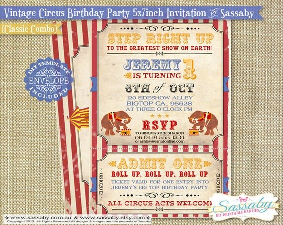 Vintage Circus Invitation - Kids Birthday Party - DIY PRINTABLE FILE by Sassaby Il_570xn