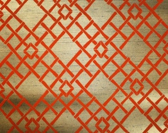 Retro Flock Wallpaper by the Yard 70s Vintage Flock Wallpaper - 1970s Orange Flocked Bamboo Lattice on Metallic Gold