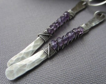 SALE 20% OFF/ Silver Hammered Earrings w. Amethyst/ Stick Earrings/Artisan Earrings/ Hammered Dangles/ Long Amethyst Earrings