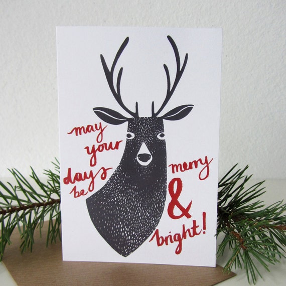 Six illustrated 'Merry & Bright' Deer Christmas cards