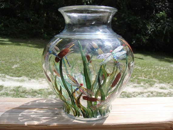 Handpainted Large glass flower vase with dragonflies