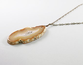 Men's necklace: agate geode necklace, druzy yellow brown pendant necklace, tribal jewelry, hippie necklace gift for men