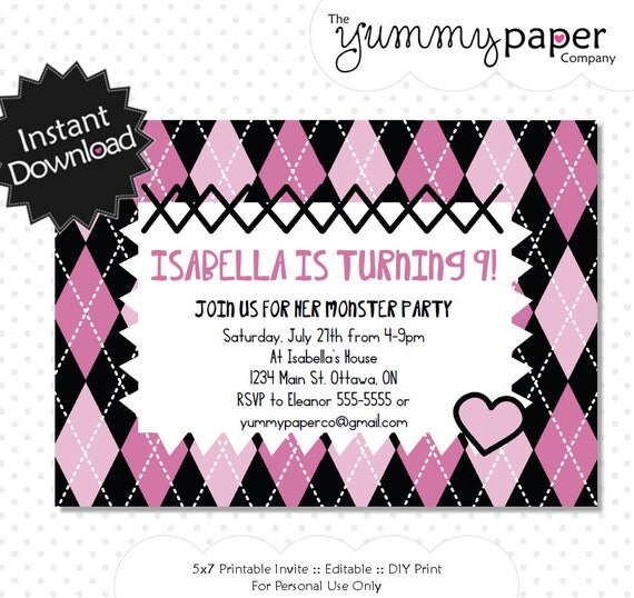 Editable Monster Girl Inspired Invitation ... Monster High Inspired Printable Invite - Editable Invitation .. mh01 Il_570xn